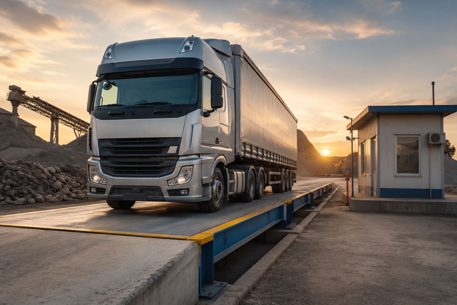Truck standing on a weighbridge used for measuring the weight of loaded commercial vehicles in industrial transport operations.
