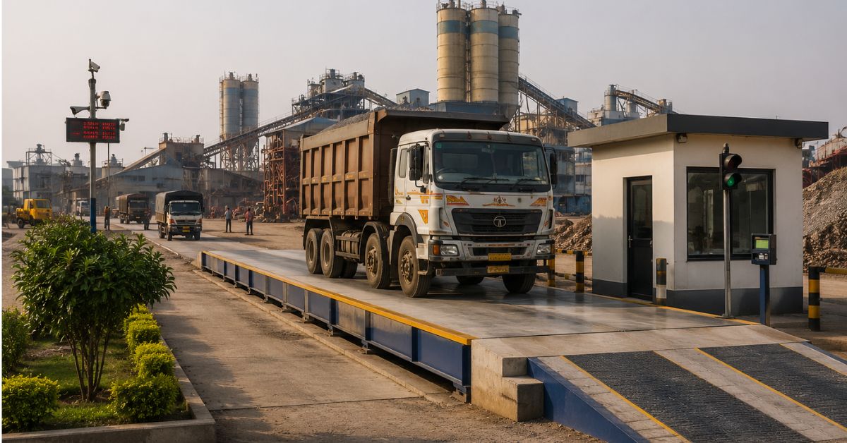 Heavy-duty truck on a modern weighbridge at an industrial manufacturing facility in India.